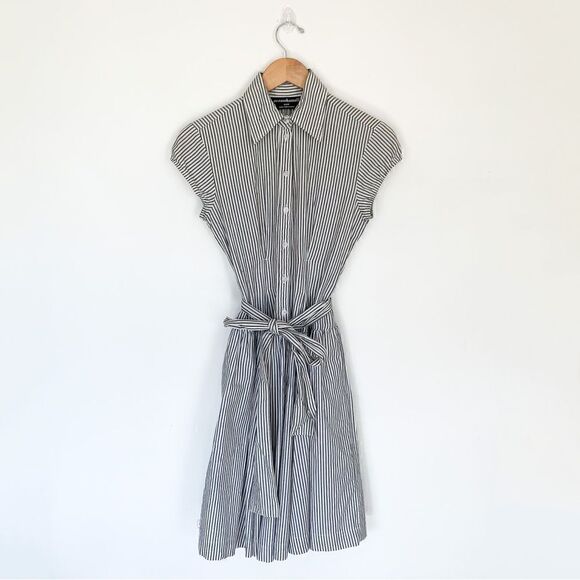 Norma Kamali Striped Cap Sleeve Collared Cinched Drop Waist Aline Dress - Picture 1 of 8